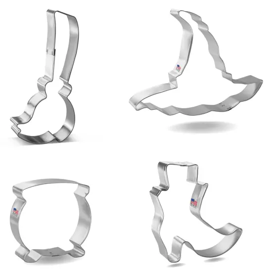 CookieCutter.com 4 Piece Halloween Witch Cookie Cutter Set Witch Broom, Hat, Shoe, Cauldron, Metal Shapes Made in USA, Silver {4}