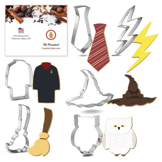 CookieCutter.com 6 Piece Halloween Wizard Cookie Cutter Set Wizard Broom, Neck Tie, Hat, Lab Coat, Chubby Owl, Lightning Bolt, Metal Shapes Made in USA, Silver {1}
