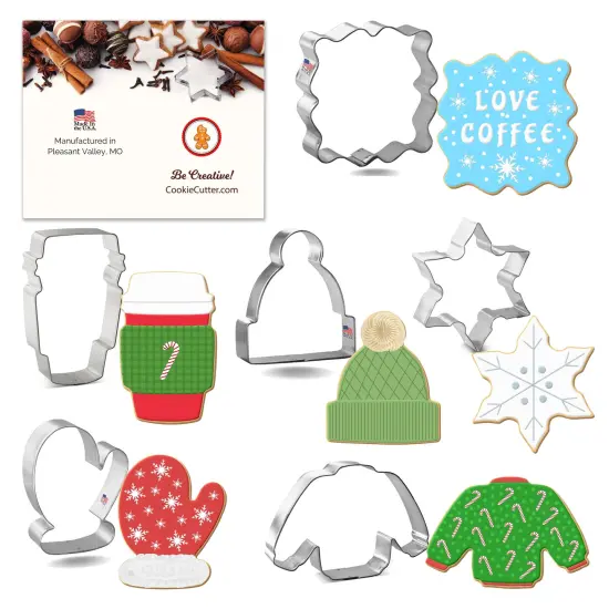 CookieCutter.com 6 Piece Winter Cozy Night Cookie Cutter Set Snowflake, Sweater, Beanie Hat Stocking Cap, Latte Cup, Mitten, Fancy Square Plaque Frame, USA {1}