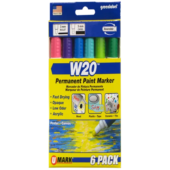 U-Mark W20 Permanent Paint Marker 6 Pack - 1 ea. Pink, Dark Purple, Dark Blue, Teal, Green and Dark Green {1}