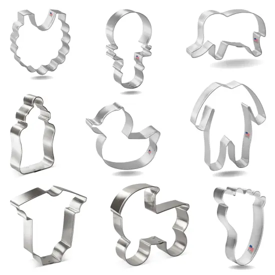 CookieCutter.com 9 Piece Baby Shower Cookie Cutter Set Carriage, Foot, Chunky Bottle, Elephant, Footie Pajamas, Bodysuit, Rubber Duck, Bib, Rattle, USA {4}