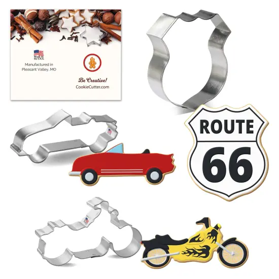 CookieCutter.com 3 Piece Road Trip Route 66 Cookie Cutter Set Police Badge, Convertible Car, Motorcycle, Metal Shapes Made in USA, Silver {1}