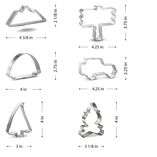 CookieCutter.com 6 Piece Mountain Camping Cookie Cutter Set Campfire, Mountains, Woodland Tree, SUV Military Off Road Vehicle, Metal Shapes Made in USA, Silver {2}