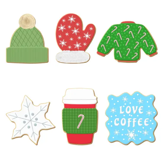 CookieCutter.com 6 Piece Winter Cozy Night Cookie Cutter Set Snowflake, Sweater, Beanie Hat Stocking Cap, Latte Cup, Mitten, Fancy Square Plaque Frame, USA {3}