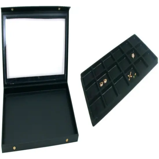 Black Glass Top Jewelry Case (Snap close lid) w/ Black 18-slot Plastic Tray {1}