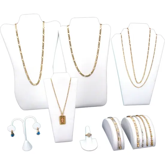 White Leatherette Large Jewelry Display 8 Pc Set New {1}