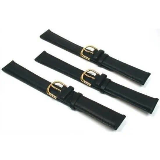 3 Watch Bands Padded Leather Calf Black 18mm Part {1}