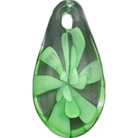 6 Green Lampwork Glass Pendant Bead Teardrop Flower {2}