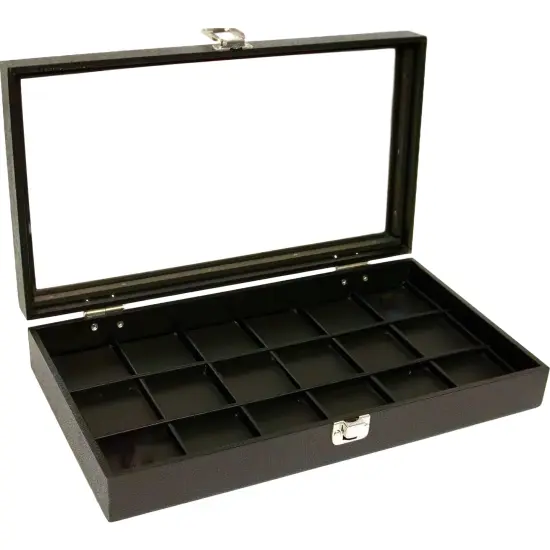 Glass Top Case Black Leather Pocket Watch Jewelry Display Tray {1}
