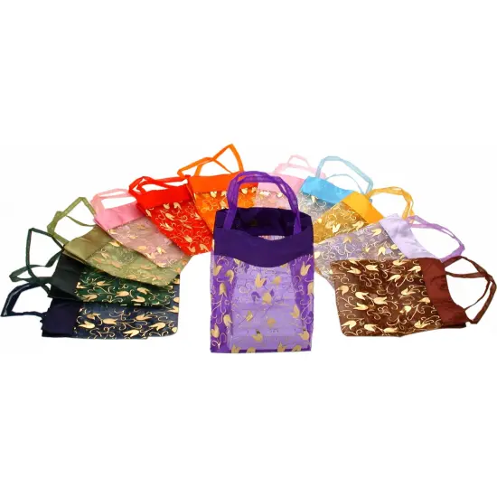 12 Large Organza Assorted Gold Flower Tote Gift Bags {1}