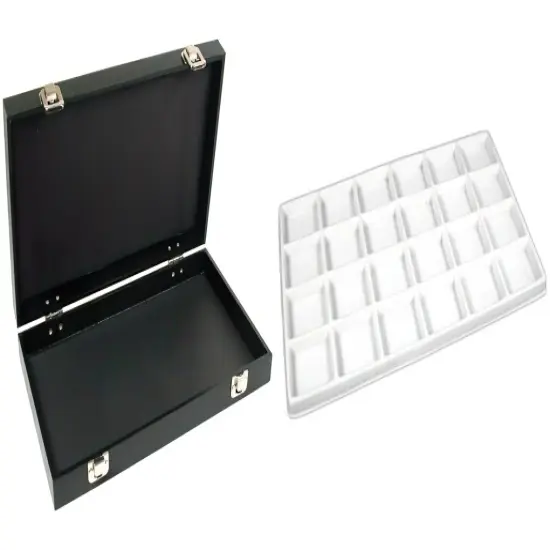 Black Jewelry Case (2xMetal Clasps &Removable Lid) w/ White 24-slot Plastic Tray {1}