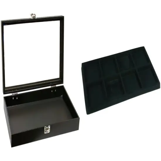 Black Glass-top Jewelry Case (Single metal latch) w/ Black 8-slot Plastic Tray {1}