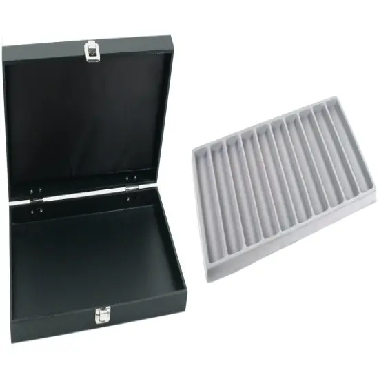 Black Jewelry Display Case (Single metal clasp) w/ Gray 10-slot Plastic Tray {1}