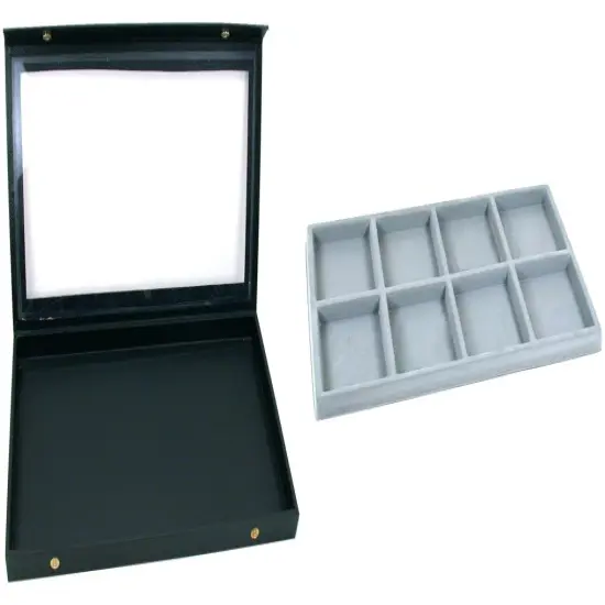 Black Glass Top Jewelry Case (Snap close lid) w/ Gray 8-slot Plastic Tray {1}