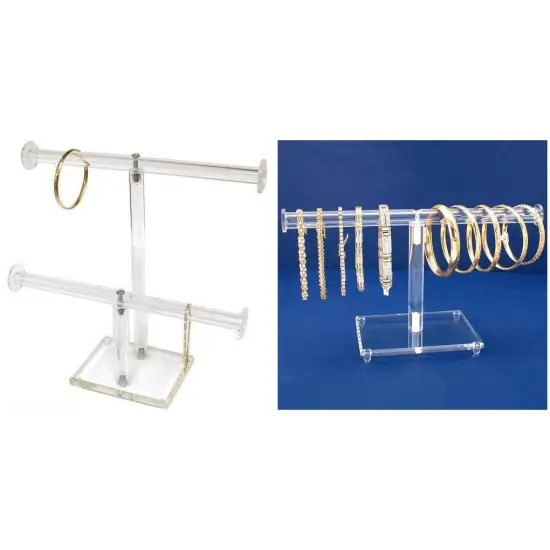 Clear Acrylic 2 Tier T-Bar &Round T-Bar 10" Jewelry Display Stands Kit 2 Pcs {1}