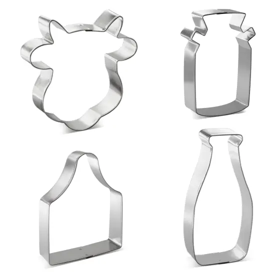 CookieCutter.com Dairy Farm Cow 4 Piece Cookie Cutters Set, Cow Face, Milk Bottle, Ear Tag, Milk Jug, Tin Plate Steel, USA {3}