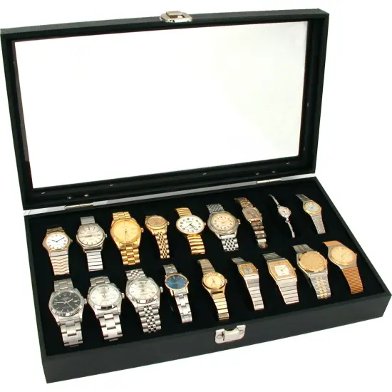 Black Snap Lid Case W/ 18 Slot Insert & Glass Top Watch Bracelet Case Kit 3 Pcs {4}