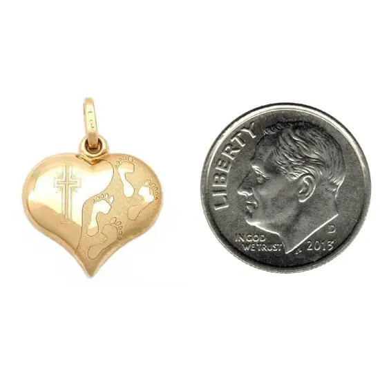 14k Gold Footprints Cross Heart Charm Religious Jewelry {3}