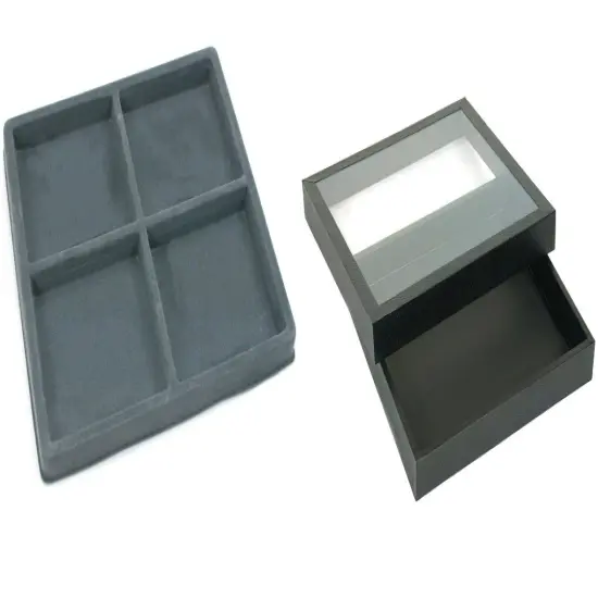 Black Square Display Case (Glass-top Removable Lid) w/ Gray 4-slot Plastic Tray {1}