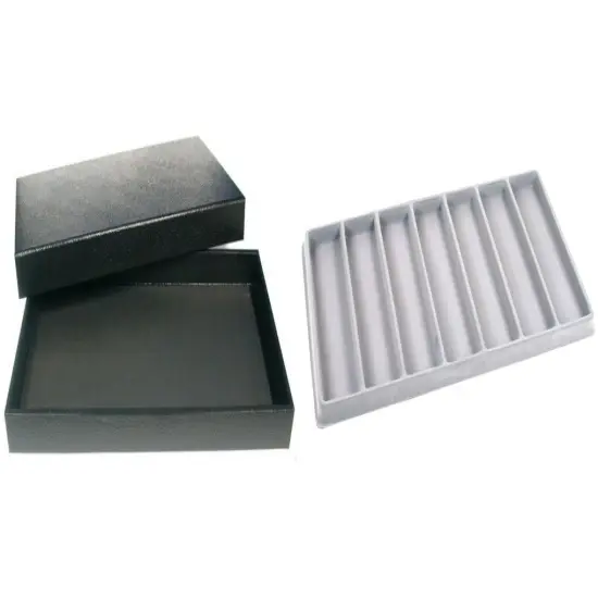 Black Jewelry Display Case (Removable Magnetic Lid) w/ Gray 7-slot Plastic Tray {1}