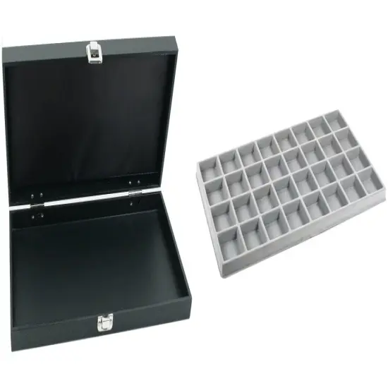 Black Jewelry Display Case (Single metal clasp) w/ Gray 32-slot Plastic Tray {1}