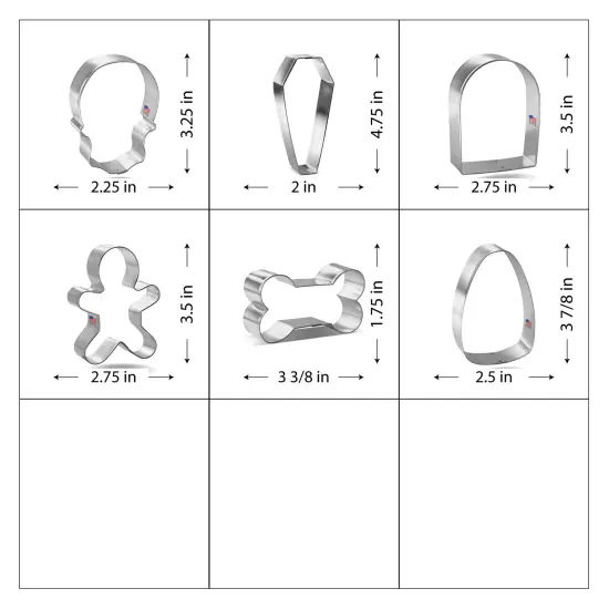 CookieCutter.com 6 Piece Halloween Spooky Graveyard Cookie Cutter Set Tombstone, Coffin, Skull, Candy Corn, Dog Bone, Skeleton, Metal Shapes Made in USA, Silver {2}