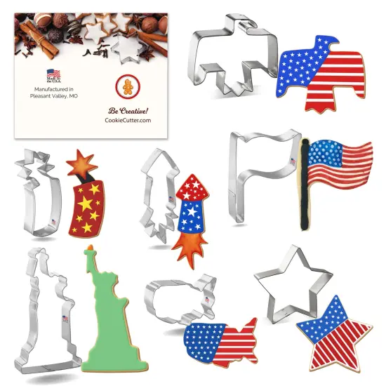 CookieCutter.com 7 Piece Patriotic Cookie Cutter Set Statue of Liberty, USA Map, Thunderbird, Flag, Star, Firework, Fire Cracker, USA {1}