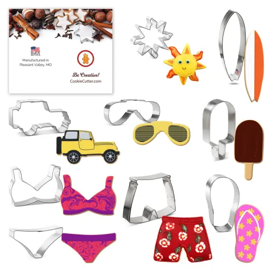 CookieCutter.com 9 Piece Summer Beach Cookie Cutter Set Bikini Top, Bikini Bottom, Swimming Trunks, Flip Flop, Sunglasses, Surfboard, Frozen Treat, SUV Military Off Road Vehicle, Sun, USA {1}