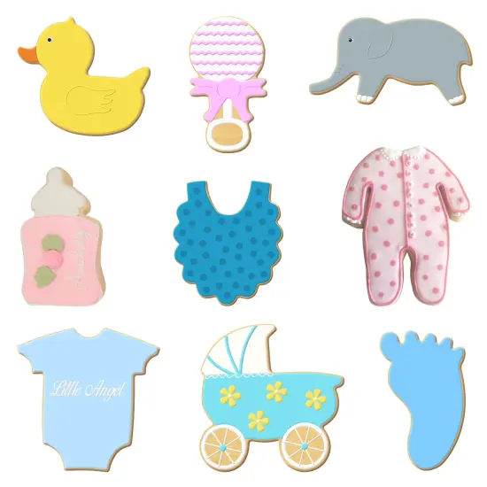 CookieCutter.com 9 Piece Baby Shower Cookie Cutter Set Carriage, Foot, Chunky Bottle, Elephant, Footie Pajamas, Bodysuit, Rubber Duck, Bib, Rattle, USA {3}