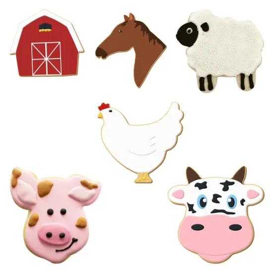 CookieCutter.com 6 Piece Farm Barnyard Cookie Cutter Set Fluffy Sheep, Chicken, Horse Head, Barn, Cow Face, Pig Face, Metal Shapes Made in USA, Silver {3}