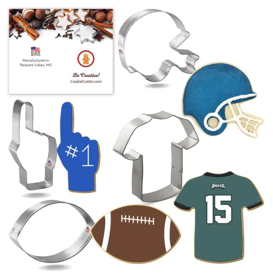 CookieCutter.com 4 Piece Football Cookie Cutter Set Helmet, Football, Sports Jersey T Shirt, Foam Finger, Metal Shapes Made in USA, Silver {1}