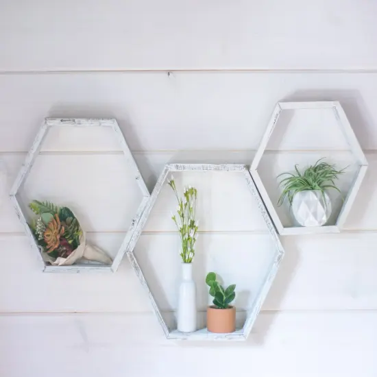 Rustic Farmhouse Floating Reclaimed Wood Hexagon Shelves (Set of 3) White {3}