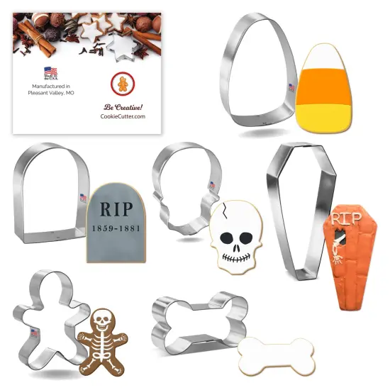 CookieCutter.com 6 Piece Halloween Spooky Graveyard Cookie Cutter Set Tombstone, Coffin, Skull, Candy Corn, Dog Bone, Skeleton, Metal Shapes Made in USA, Silver {1}