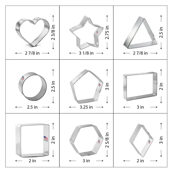 CookieCutter.com 10 Piece Geometric Cookie Cutter Set Rectangle, Square, Heart, Hexagon, Pentagon, Triangle, Diamond, Circle, Metal Shapes Made in USA, Silver {2}