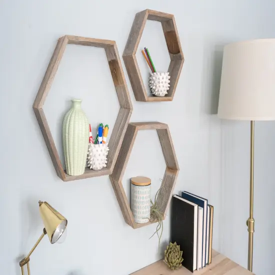 Rustic Farmhouse Floating Reclaimed Wood Hexagon Shelves (Set of 3) Grey {2}