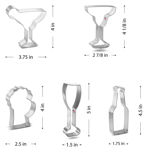 CookieCutter.com 5 Piece Drinks Cookie Cutter Set Margarita Glass with Lime, Bottle, Beer Mug, Champagne Glass, Margarita Glass, USA {2}