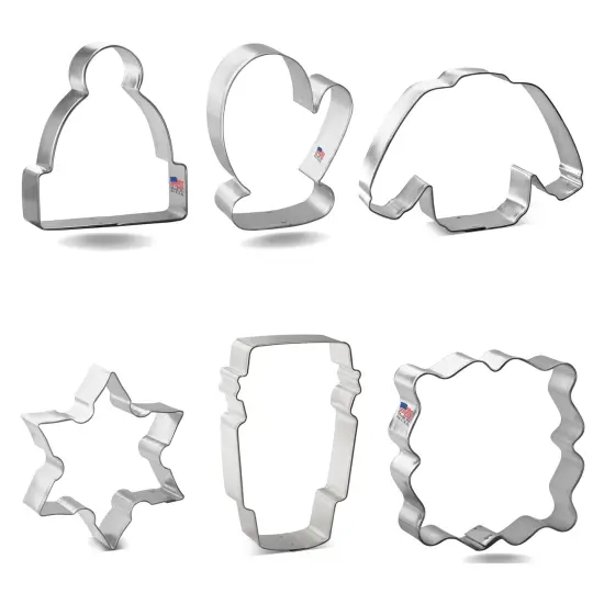 CookieCutter.com 6 Piece Winter Cozy Night Cookie Cutter Set Snowflake, Sweater, Beanie Hat Stocking Cap, Latte Cup, Mitten, Fancy Square Plaque Frame, USA {4}