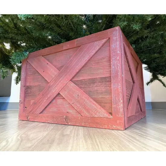 Rustic Farmhouse Small Deluxe 17" Reclaimed Wooden Christmas Tree Box Collar Red {2}
