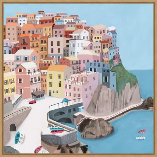 Manarola Italy by Carla Daly 22-in. W x 22-in. H. Canvas Wall Art Print Framed in Natural {1}