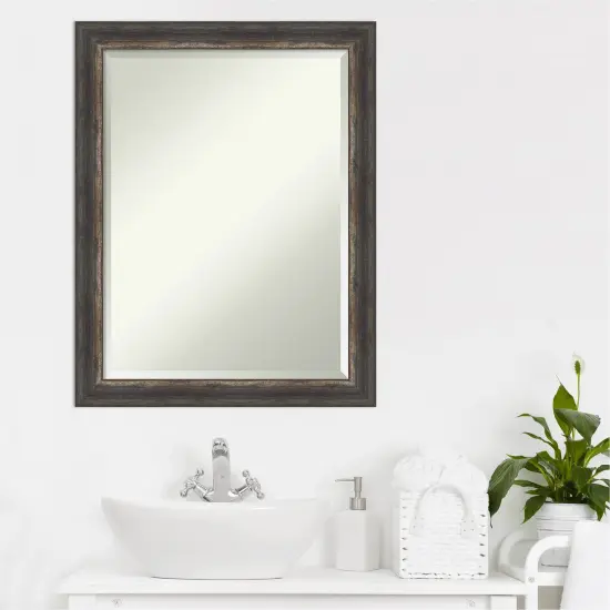 Beveled Bathroom Wall Mirror, Bark Rustic Char Narrow Frame {5}