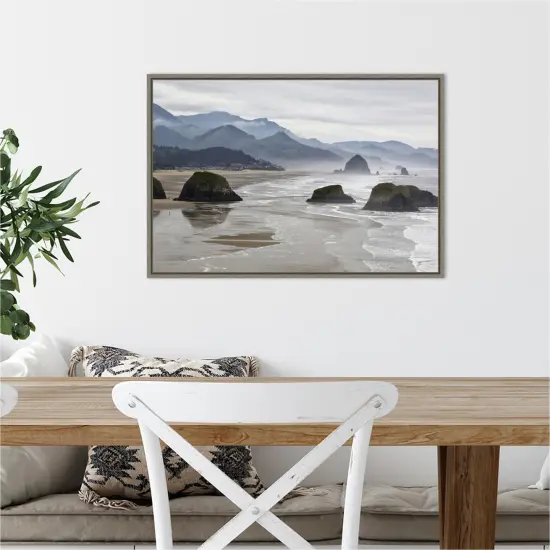 Cannon Beach fog rises over the coastline by Jaynes Gallery Danita Delimont 23-in. W x 16-in. H. Canvas Wall Art Print Framed in Grey {5}