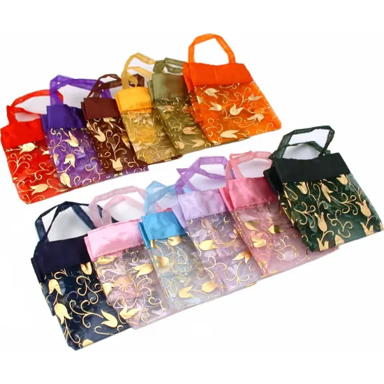 12 Mini Organza Assorted Gold Flower Tote Gift Bags {2}
