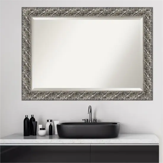 Beveled Wood Bathroom Wall Mirror, Silver Luxor Frame {6}
