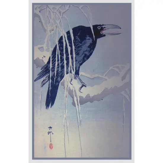 Japanese Artist Ohara Shoson's Crow on a Branch in the Rain Counted Cross Stitch Pattern {2}