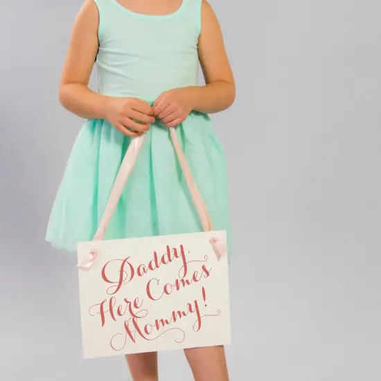 Ritzy Rose Cute Ring Bearer Sign - Coral on 11x8in Ivory Linen Cardstock with Blush Pink Ribbon {5}