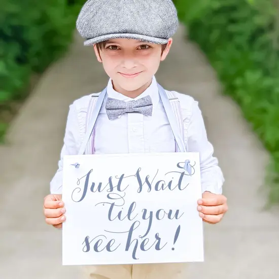 Ritzy Rose 2 Cute Ring Bearer Signs - Slate on 11x8in White Linen Cardstock with Dusty Blue Ribbon {6}