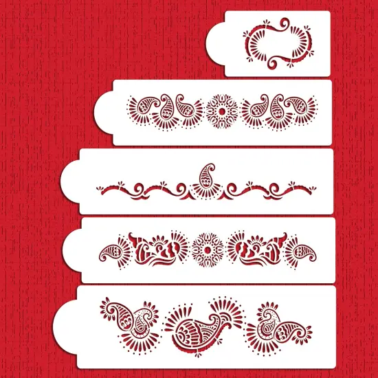 Five Tier Mehndi Cake Cake Stencils Set | C388 by Designer Stencils | Cake Decorating Tools | Baking Stencils for Royal Icing, Airbrush, Dusting Powder | Reusable Plastic Food Grade Stencil for Cakes | Easy to Use & Clean Cake Stencil {1}