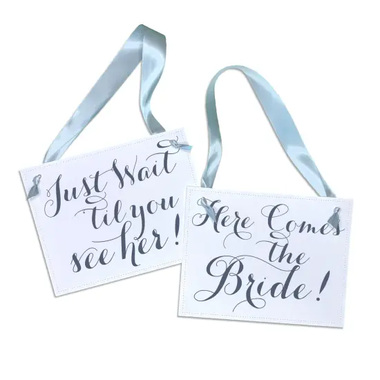 Ritzy Rose 2 Cute Ring Bearer Signs - Slate on 11x8in White Linen Cardstock with Dusty Blue Ribbon {1}