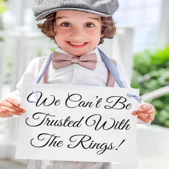 Ritzy Rose Funny Ring Bearer Sign - Black on 11x8in Ivory Linen Cardstock with Dusty Blue Ribbon {2}