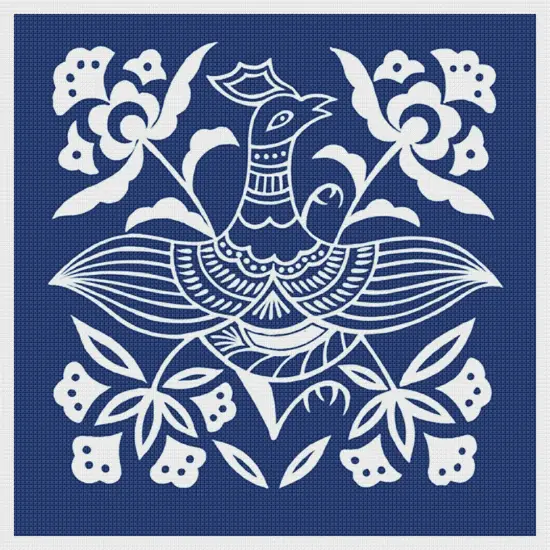 Asian Indigo Bird #4 Folk Art Design*2 DMC Colors* Counted Cross Stitch Pattern {2}